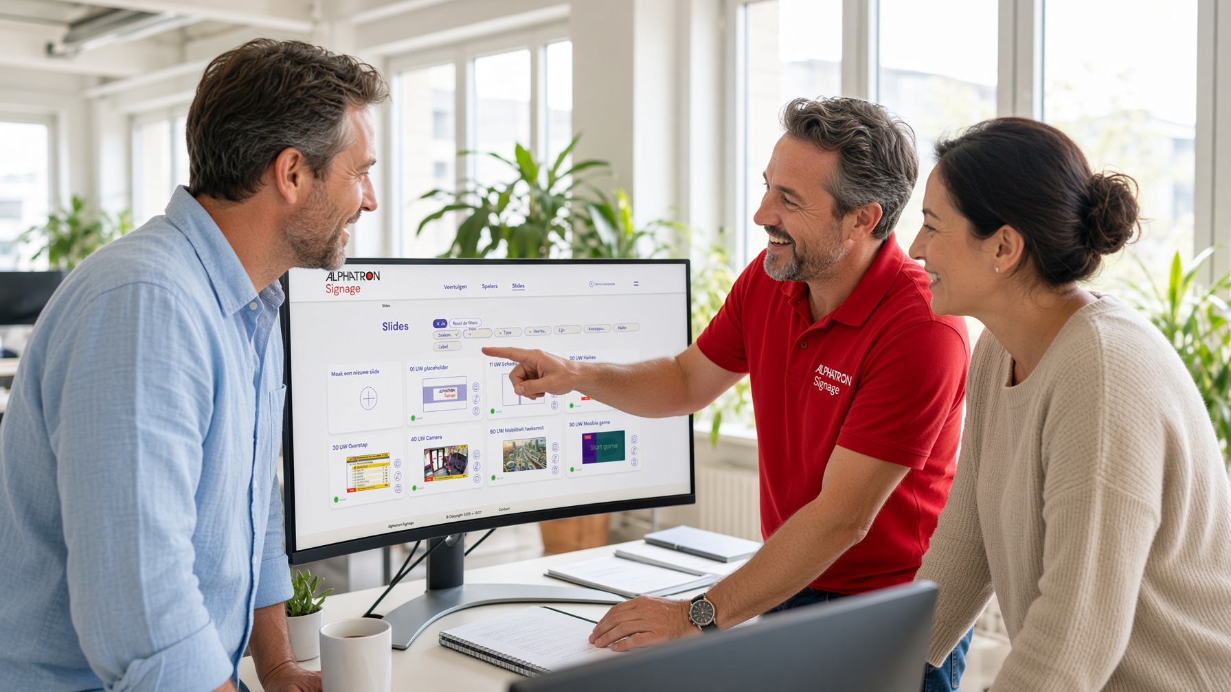 Collega's bespreken samen de slides in het Alphatron Signage CMS